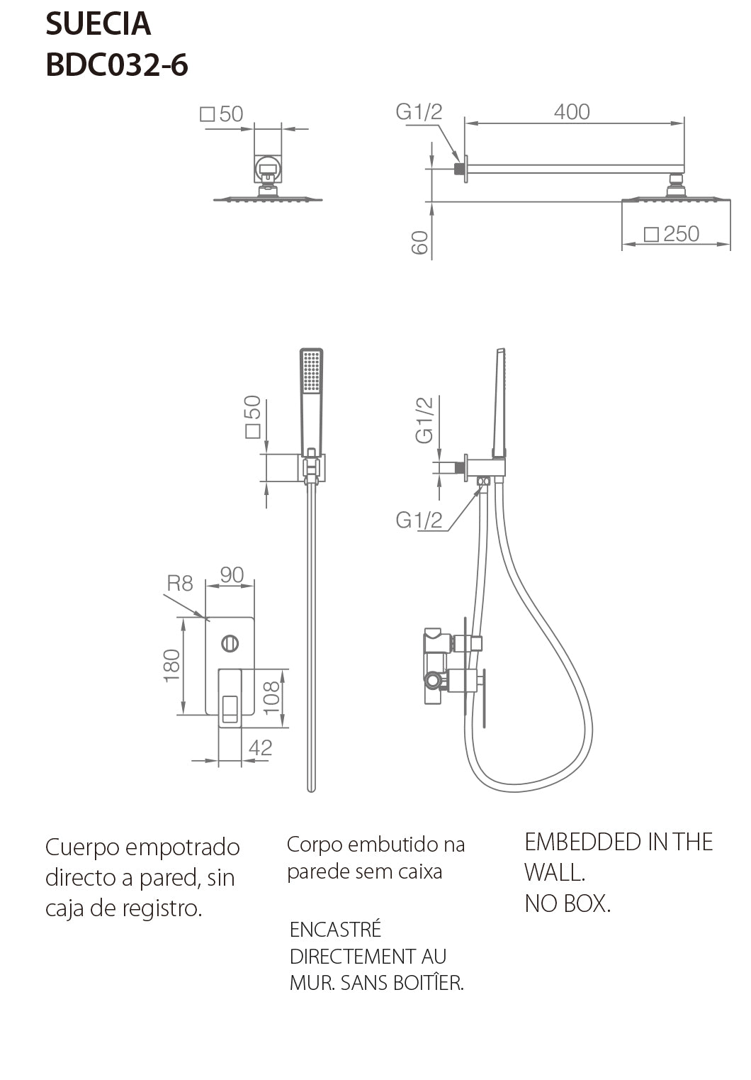 Chrome Single Handle Recessed Shower Set Sweden Series, view 7
