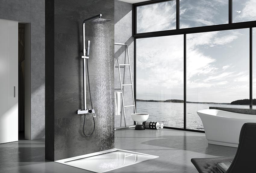 Chrome Single Lever Shower Set Modern Design, in a bathroom setting