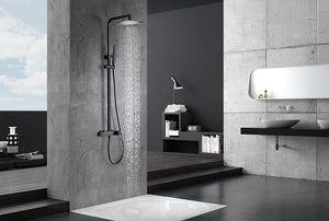 Matte Black Single Handle Shower Set Modern Design, in a bathroom setting