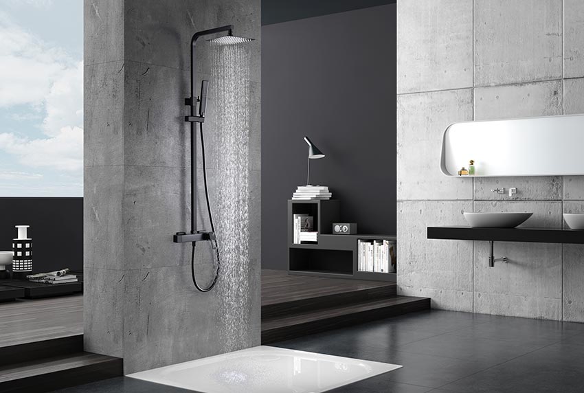 Matte Black Single Handle Shower Set Modern Design, in a bathroom setting