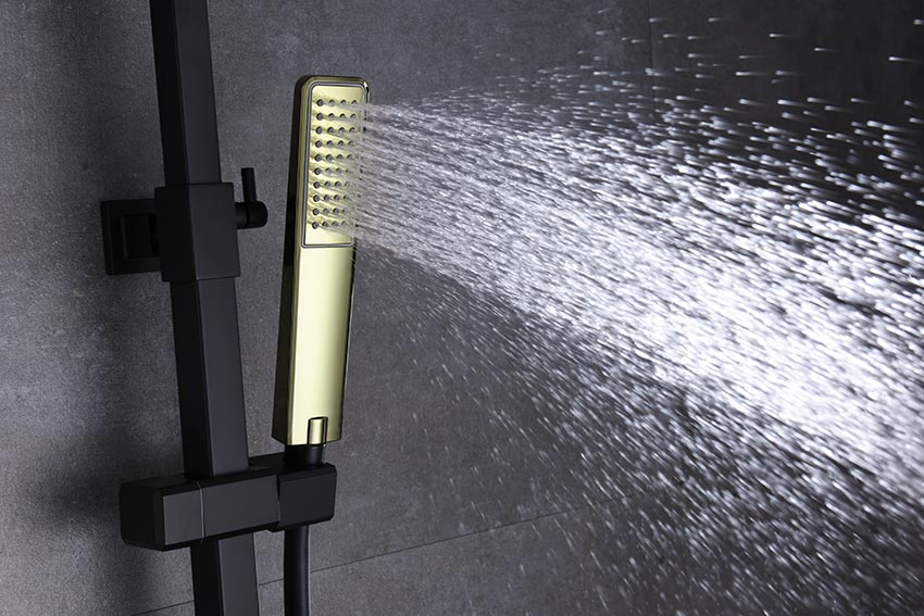 Matte Black Single Handle Shower Set with Gold Accents, detail view