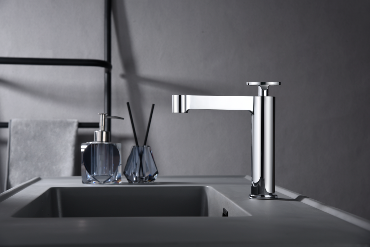 Chrome Single Lever Sink Mixer Modern Bathroom Faucet, in a bathroom setting