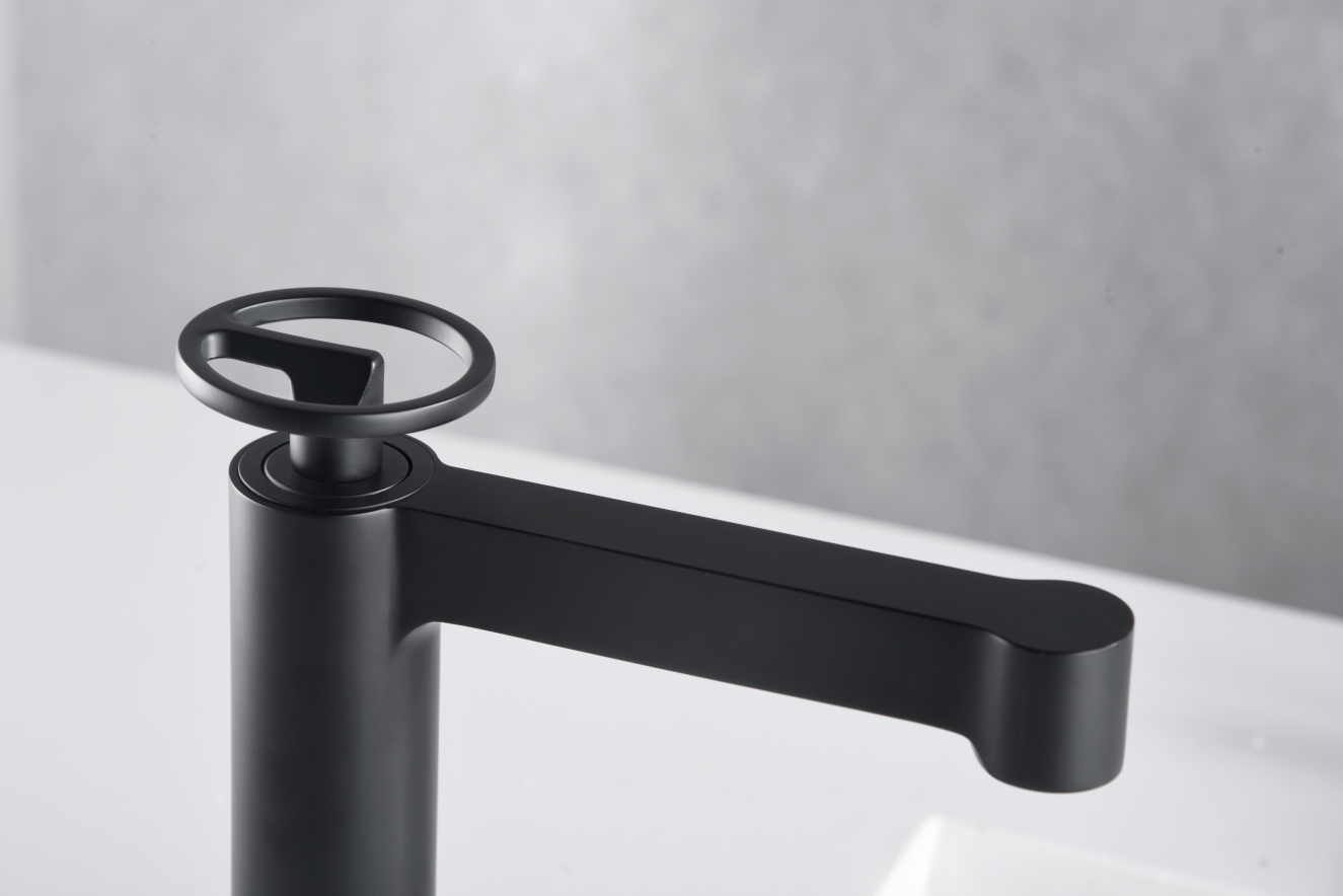Matte Black Single Lever Basin Mixer Faucet, in a bathroom setting