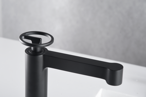 Matte Black Single Lever Basin Mixer Faucet, in a bathroom setting
