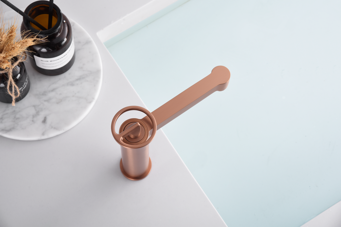 Brushed Rose Gold Basin Faucet Single Lever Modern, in a bathroom setting