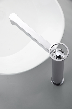 Olimpo Tall Chrome Basin Mixer Single Lever Faucet, in a bathroom setting