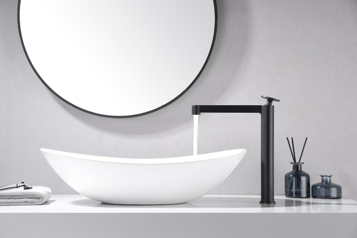 Matte Black Single Lever Basin Mixer Faucet, in a bathroom setting