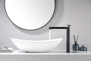 Matte Black Single Lever Basin Mixer Faucet, in a bathroom setting