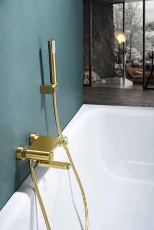 Brushed Gold Single Handle Shower Kit Modern Bathroom, in a bathroom setting