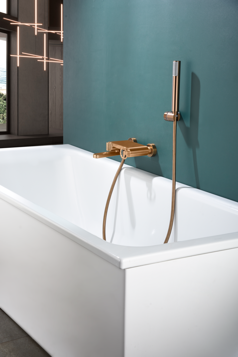 Olimpo Brushed Rose Gold Single Handle Shower Kit, in a bathroom setting