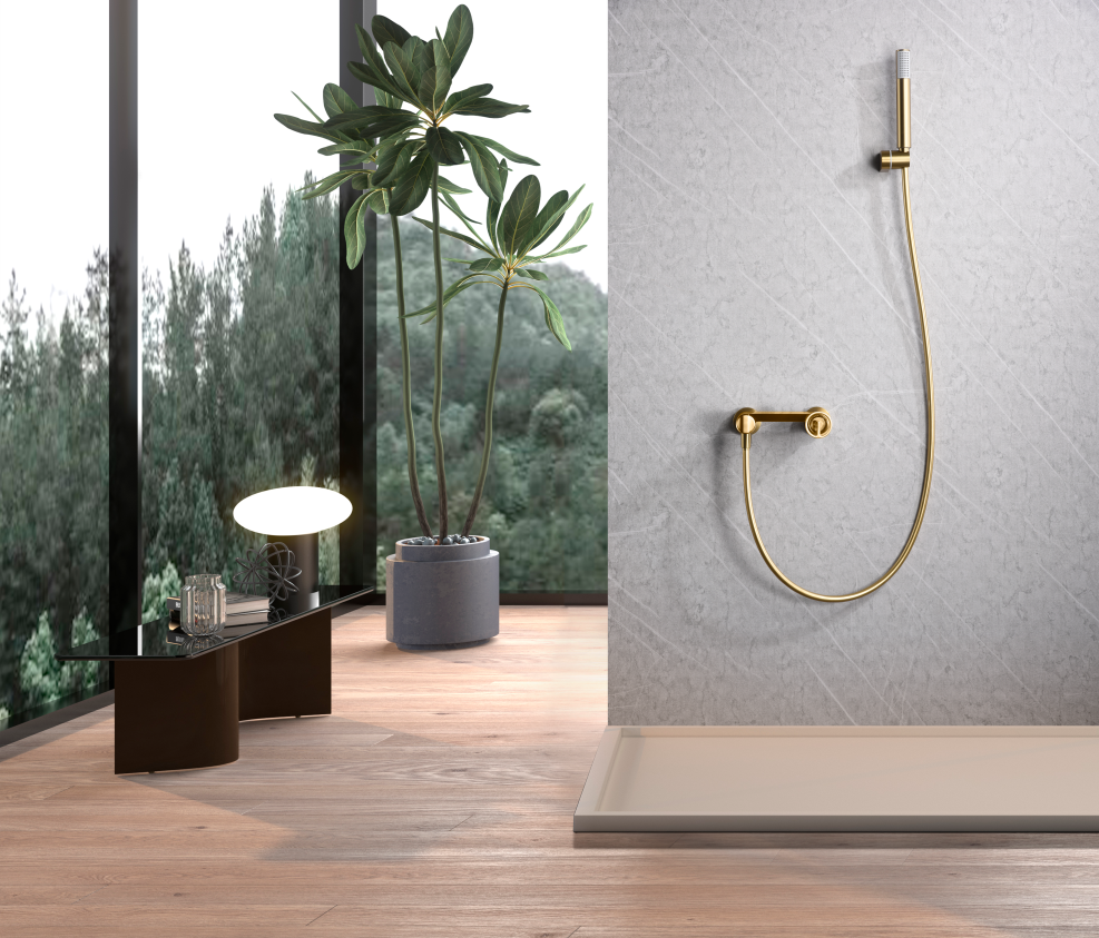 Brushed Gold Single Handle Shower Kit Modern Design, in a bathroom setting