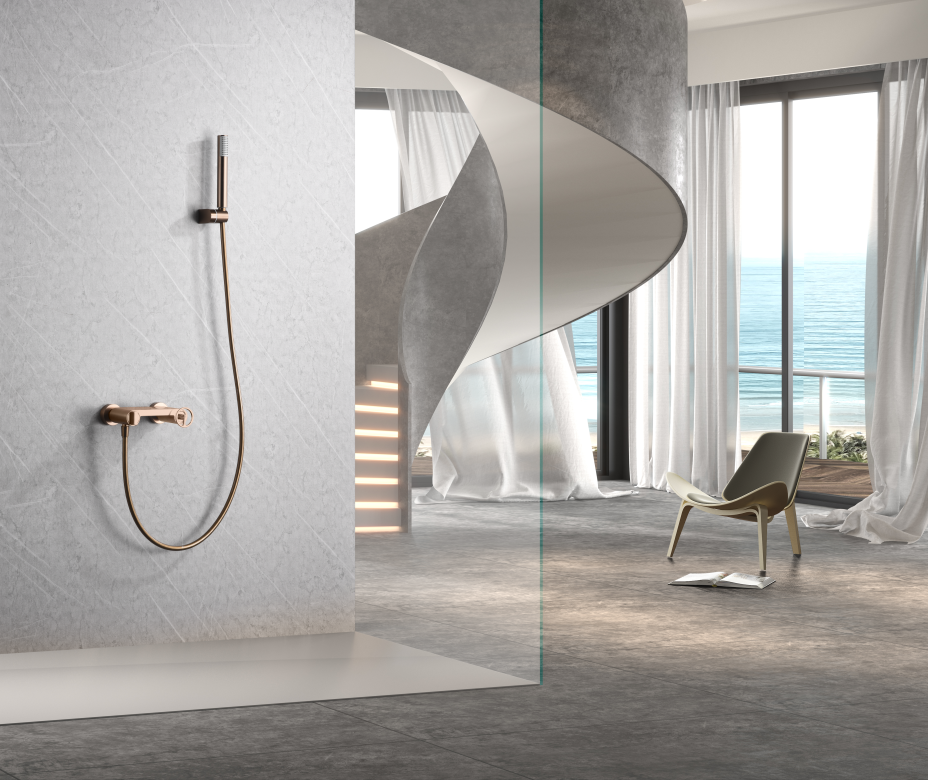 Brushed Rose Gold Single Handle Shower Kit, in a bathroom setting