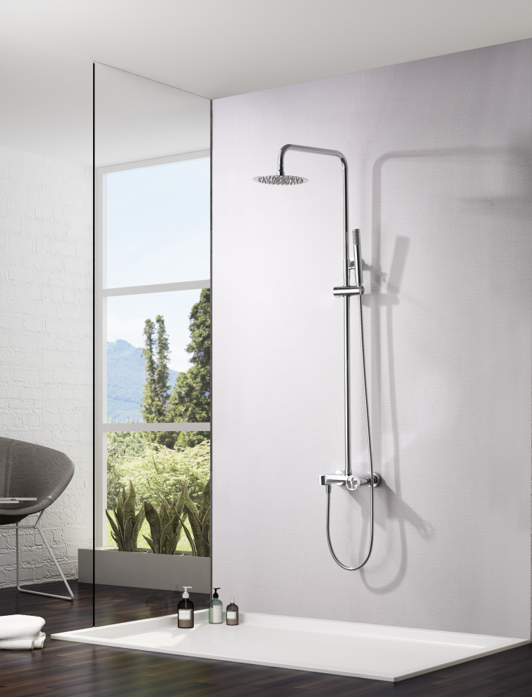 Chrome Single Handle Shower Set Modern Minimalist Design, in a bathroom setting