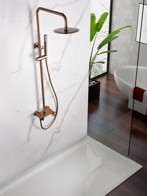 Brushed Rose Gold Single Handle Shower Set, in a bathroom setting