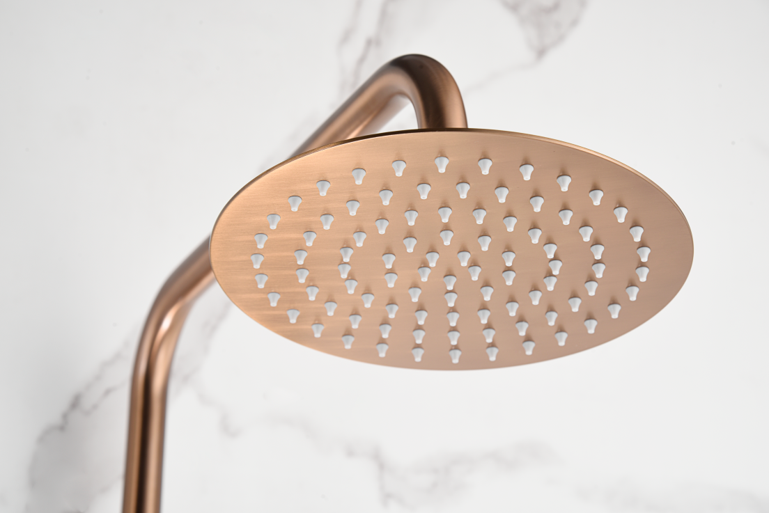 Brushed Rose Gold Single Handle Shower Set, rain head detail