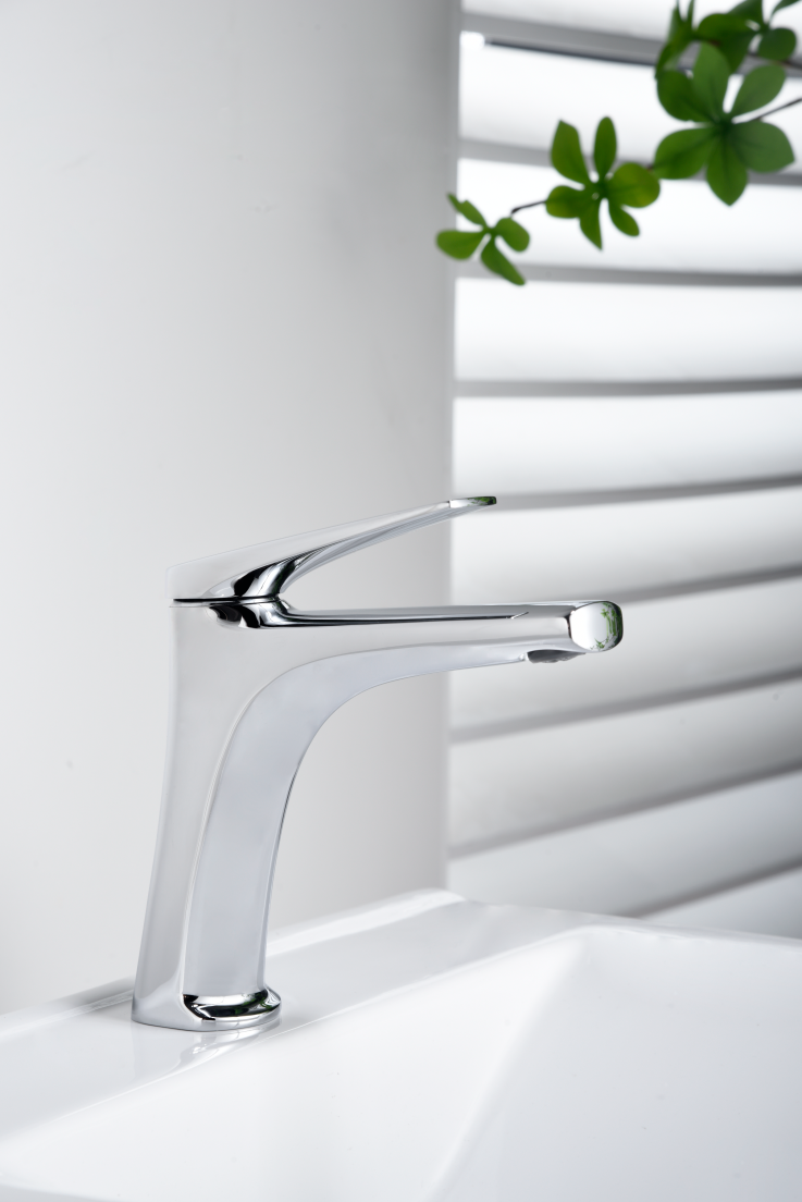 Chrome Single Lever Sink Faucet Modern Minimalist Design, in a bathroom setting