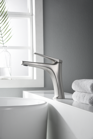 Delos Single-Lever Basin Mixer Stainless Steel Faucet, in a bathroom setting