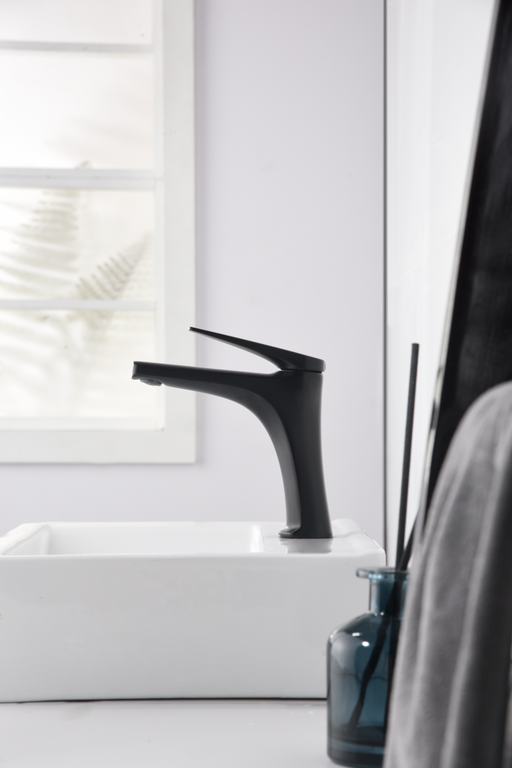 Matte Black Basin Mixer Faucet Modern Minimalist Design, in a bathroom setting