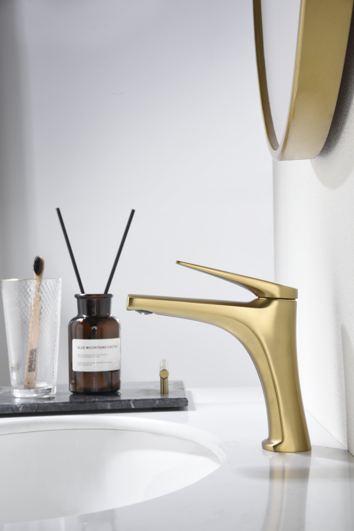 Brushed Gold Basin Mixer Faucet Modern Single Handle, in a bathroom setting