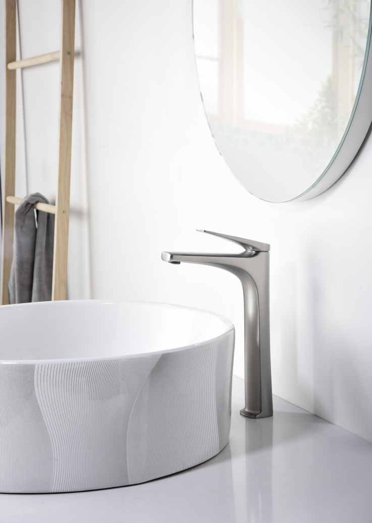 Delos Tall Basin Mixer Faucet Stainless Steel, in a bathroom setting