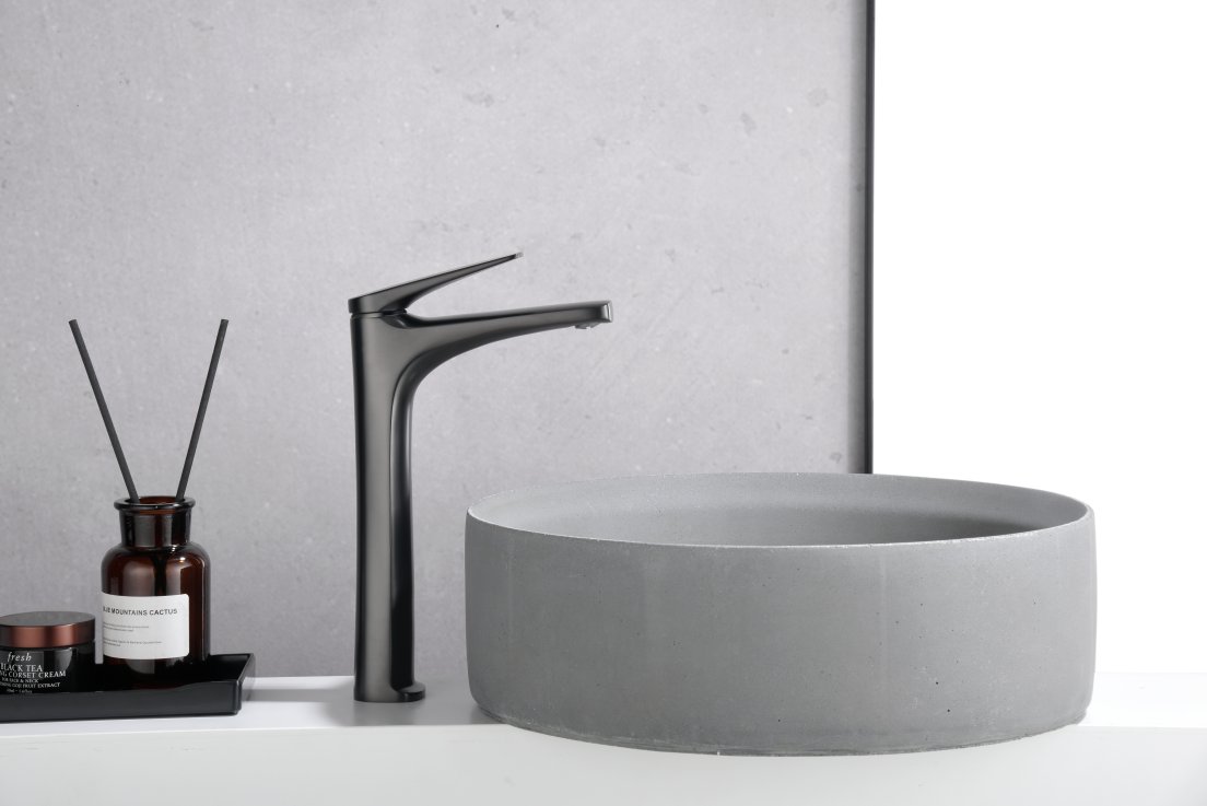 Delos Black Gun Metal Tall Sink Mixer Faucet, in a bathroom setting