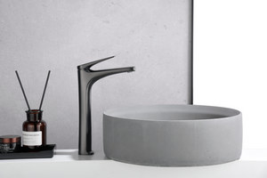 Delos Black Gun Metal Tall Sink Mixer Faucet, in a bathroom setting