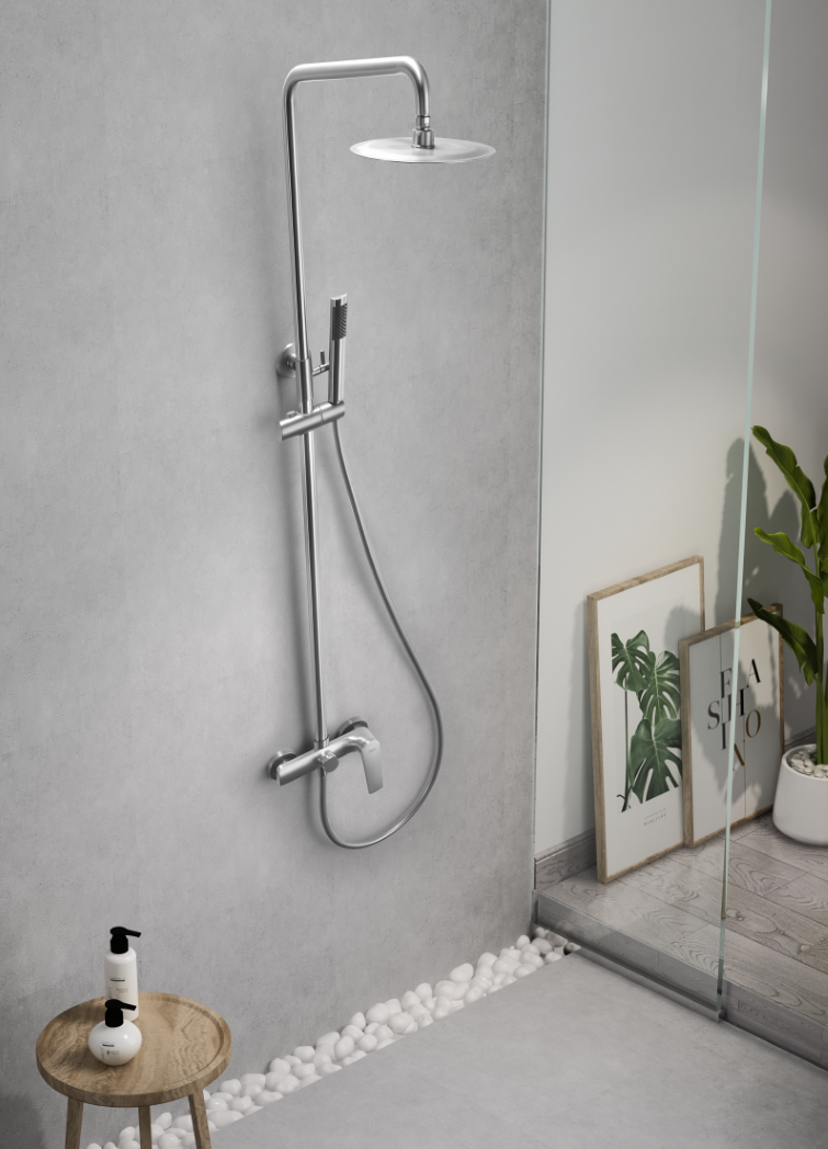 Delos Single Handle Shower Set Stainless Steel, in a bathroom setting