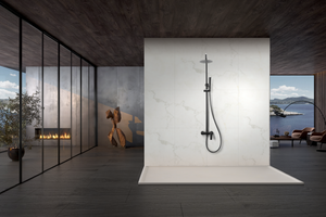 Black Gun Metal Single Handle Shower Set, in a bathroom setting