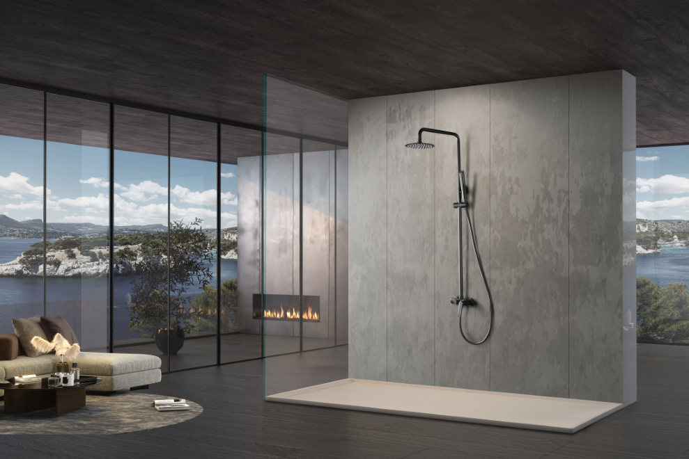Matte Black Single Handle Shower Set Modern Design, in a bathroom setting