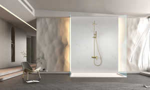 Brushed Gold Single Handle Shower Set Modern Design, in a bathroom setting