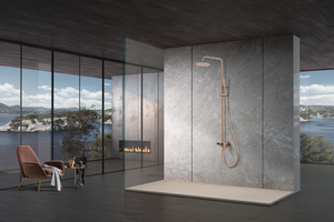 Brushed Rose Gold Single Handle Shower Set, in a bathroom setting
