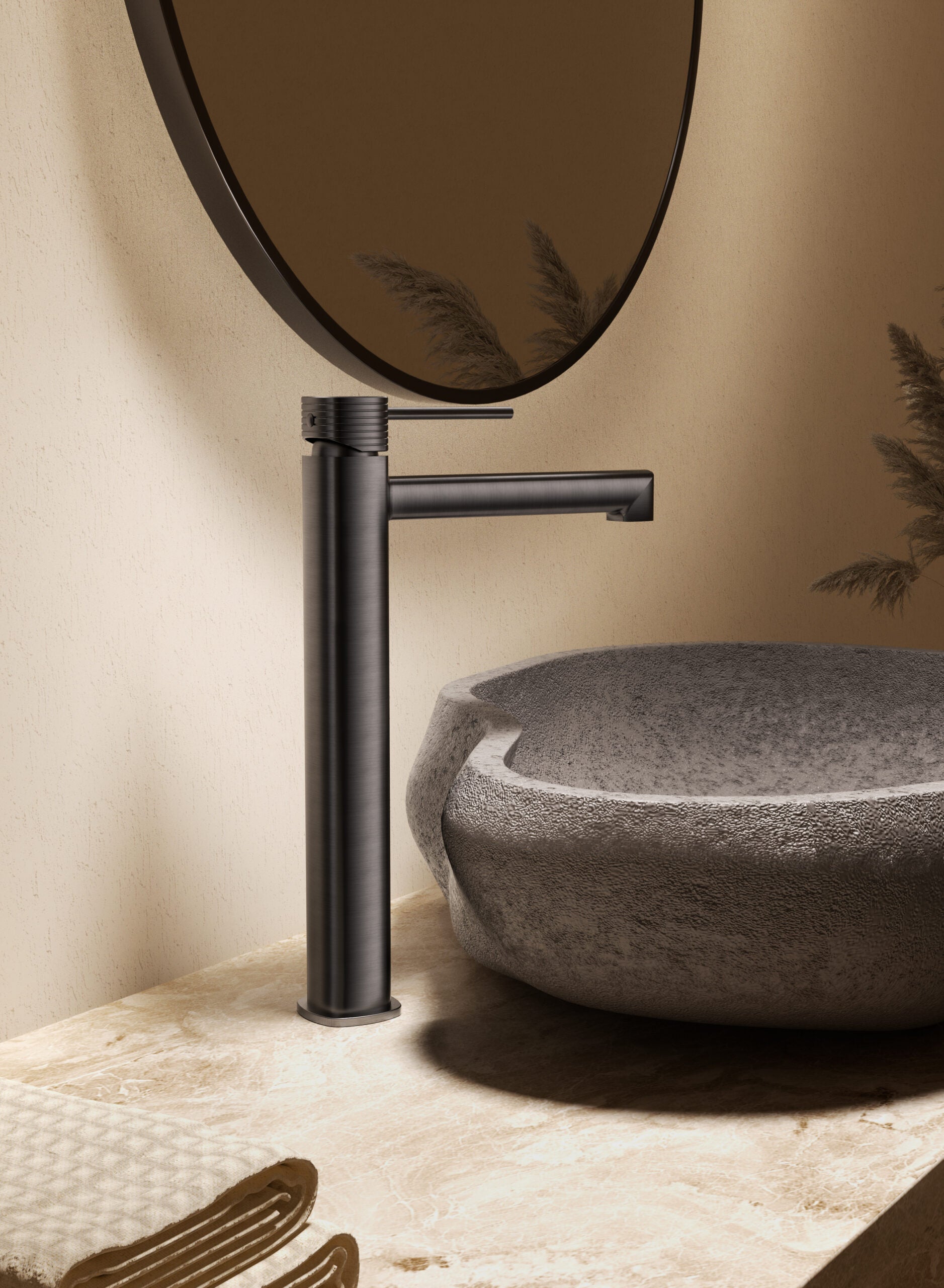 Firenze Chrome Tall Single Lever Basin Mixer, in a bathroom setting