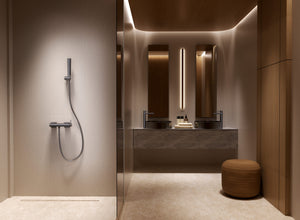 Firenze Chrome Single Lever Shower Kit, in a bathroom setting