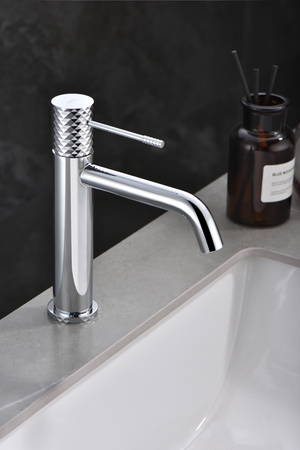 Genova Chrome Single Handle Bathroom Sink Faucet, in a bathroom setting