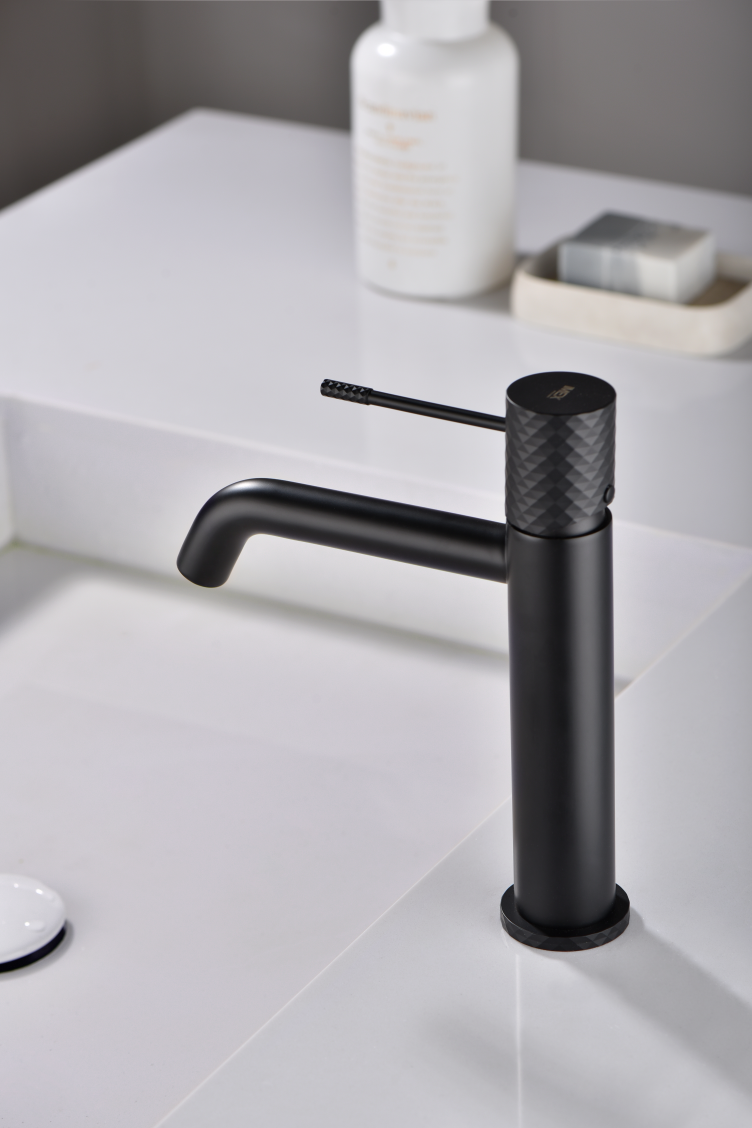 Matte Black Single Lever Bathroom Sink Faucet, in a bathroom setting