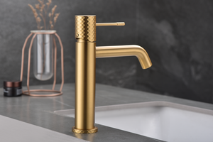 Genova Brushed Gold Basin Mixer Faucet, in a bathroom setting