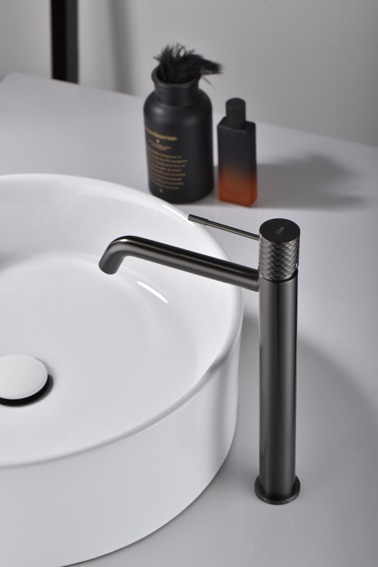Tall Black Gun Metal Basin Mixer Faucet Single Handle, in a bathroom setting