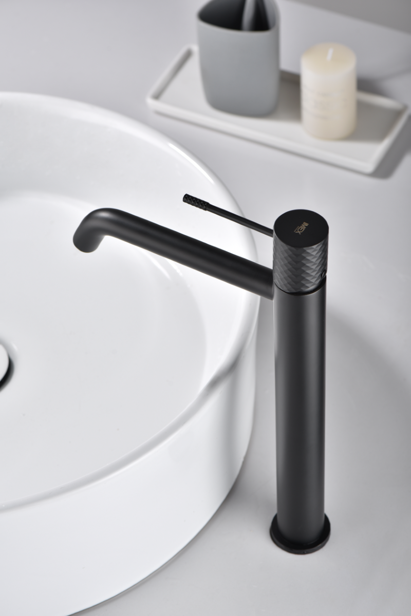 Matte Black Tall Basin Faucet Single Handle, in a bathroom setting