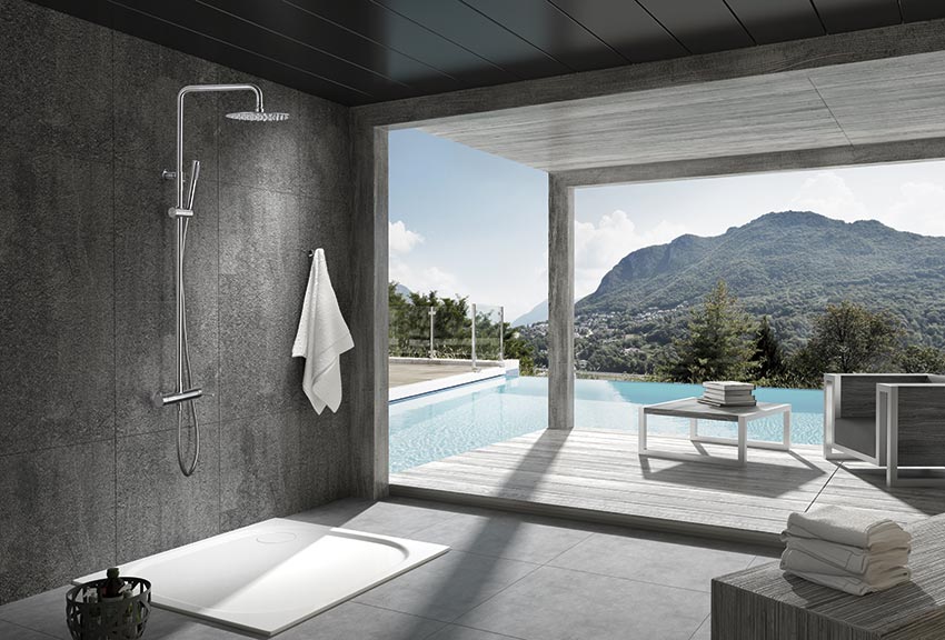 Moscow Single Lever Shower Set Stainless Steel, in a bathroom setting