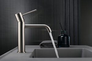 Monza Brushed Nickel Single Lever Sink Faucet, in a bathroom setting