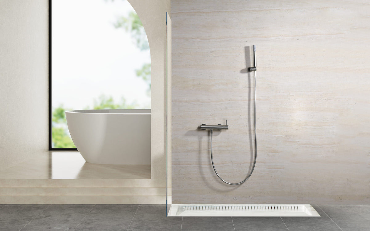 Monza Brushed Nickel Shower Kit Single Handle Mixer, in a bathroom setting