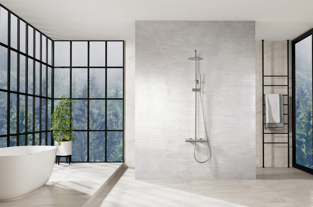 Brushed Nickel Single Handle Shower Set Modern Design, in a bathroom setting