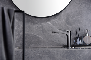 Black Gun Metal Single Lever Bathroom Sink Faucet, in a bathroom setting