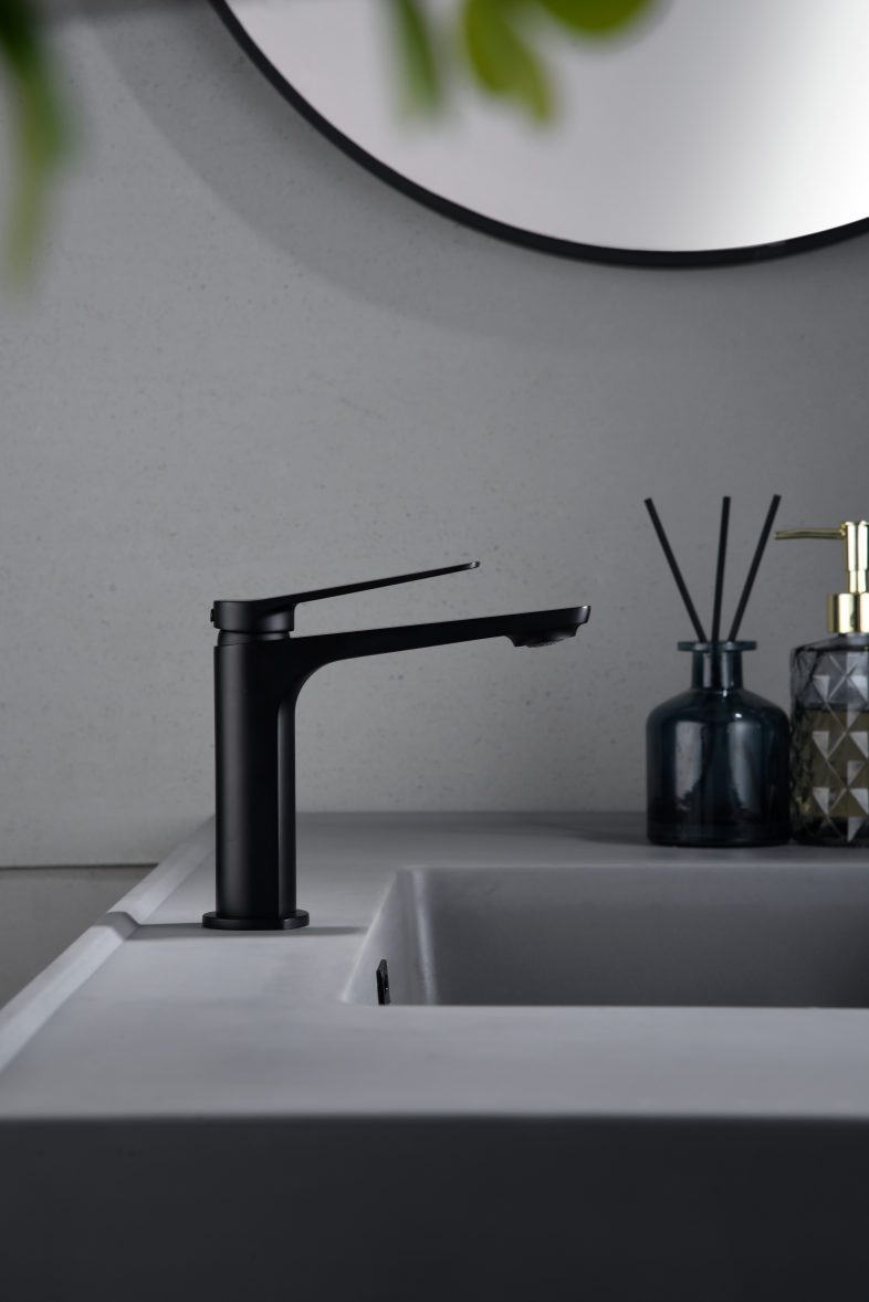 Matte Black Single Lever Sink Faucet Modern Design, in a bathroom setting