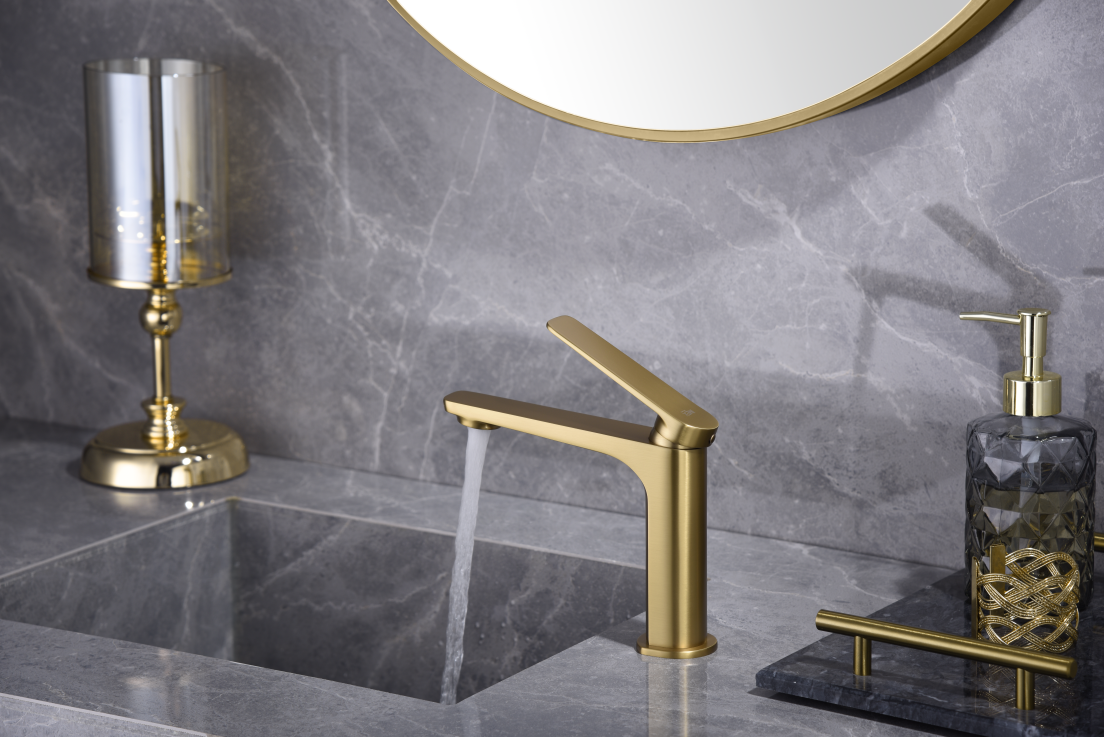 Brushed Gold Bathroom Sink Faucet Single Handle, in a bathroom setting