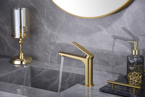 Brushed Gold Bathroom Sink Faucet Single Handle, in a bathroom setting