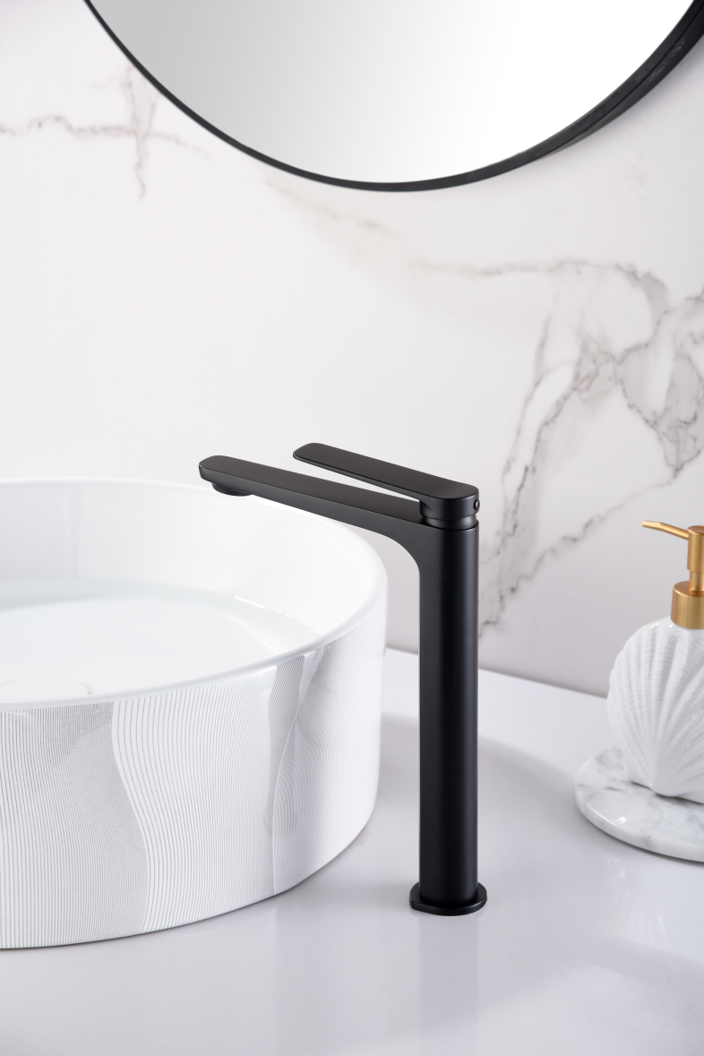 Matte Black Tall Sink Mixer Single Lever Faucet, in a bathroom setting