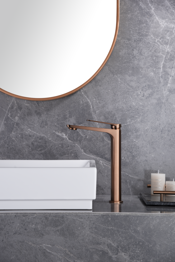 Naples Tall Sink Mixer Brushed Rose Gold Single Lever, in a bathroom setting