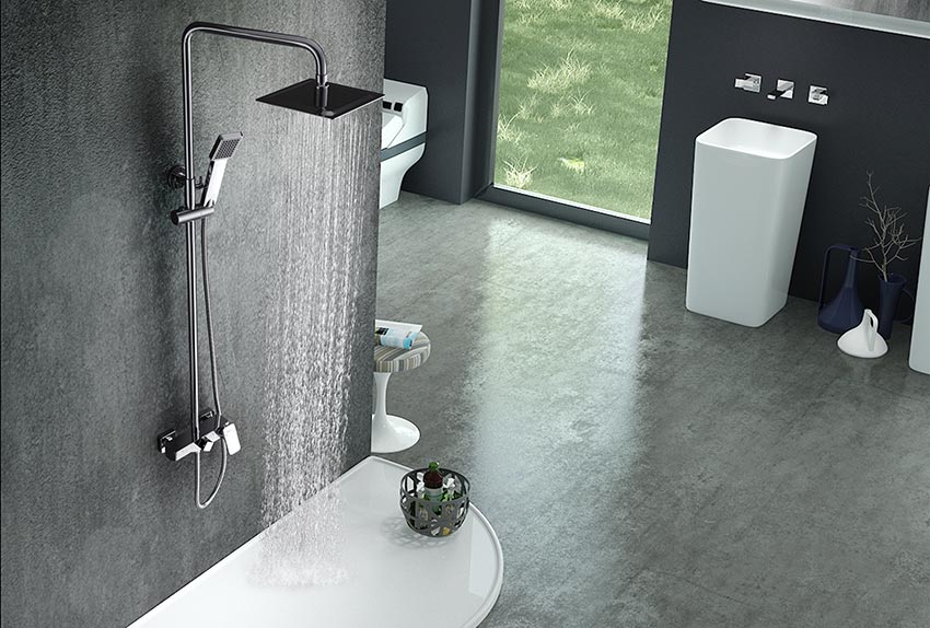 Chrome Single Lever Bathtub Faucet Modern Design, in a bathroom setting