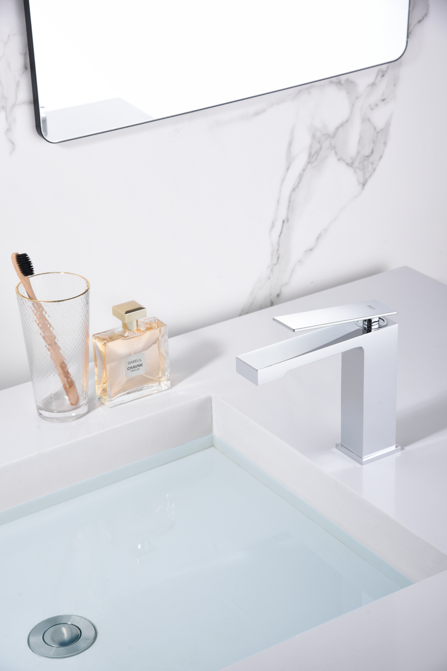 Chrome Single Lever Basin Mixer Faucet Modern Design, in a bathroom setting